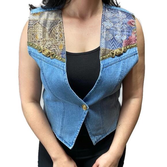 Vintage 90s Denim Brocade Vest Size 10 - Picture 4 of 6